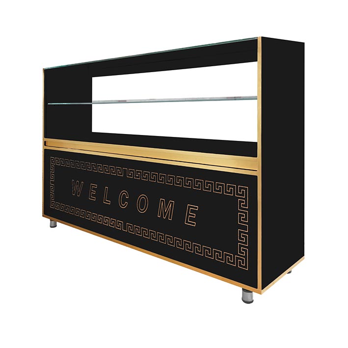میز ویترین 1/5 متری سیاه با نوار طلایی