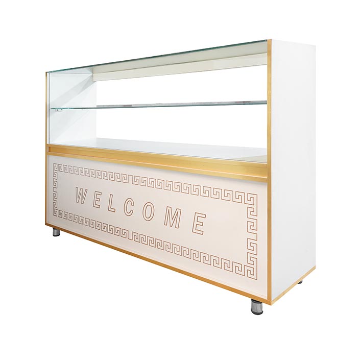 میز ویترین 1/5 متری سفید با نوار طلایی