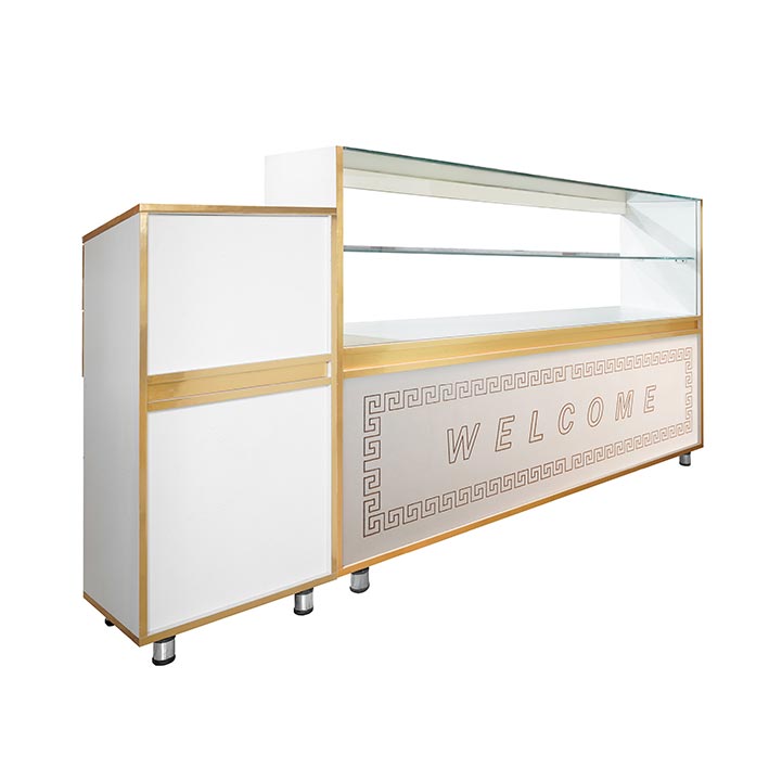 میز پاچال و ویترین 1/5 متری سفید با نوار طلایی
